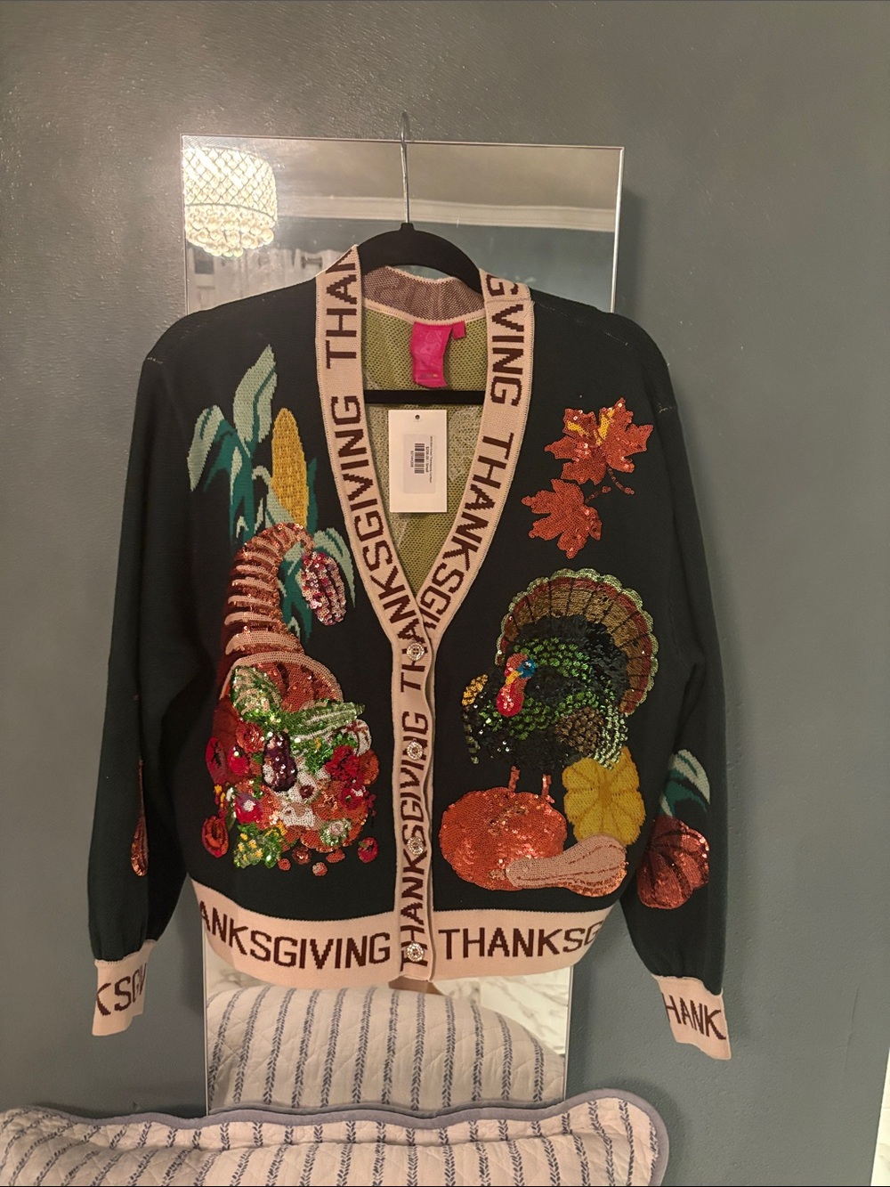 QUEEN OF SPARKLES Black Thanksgiving Sequin Cardigan
